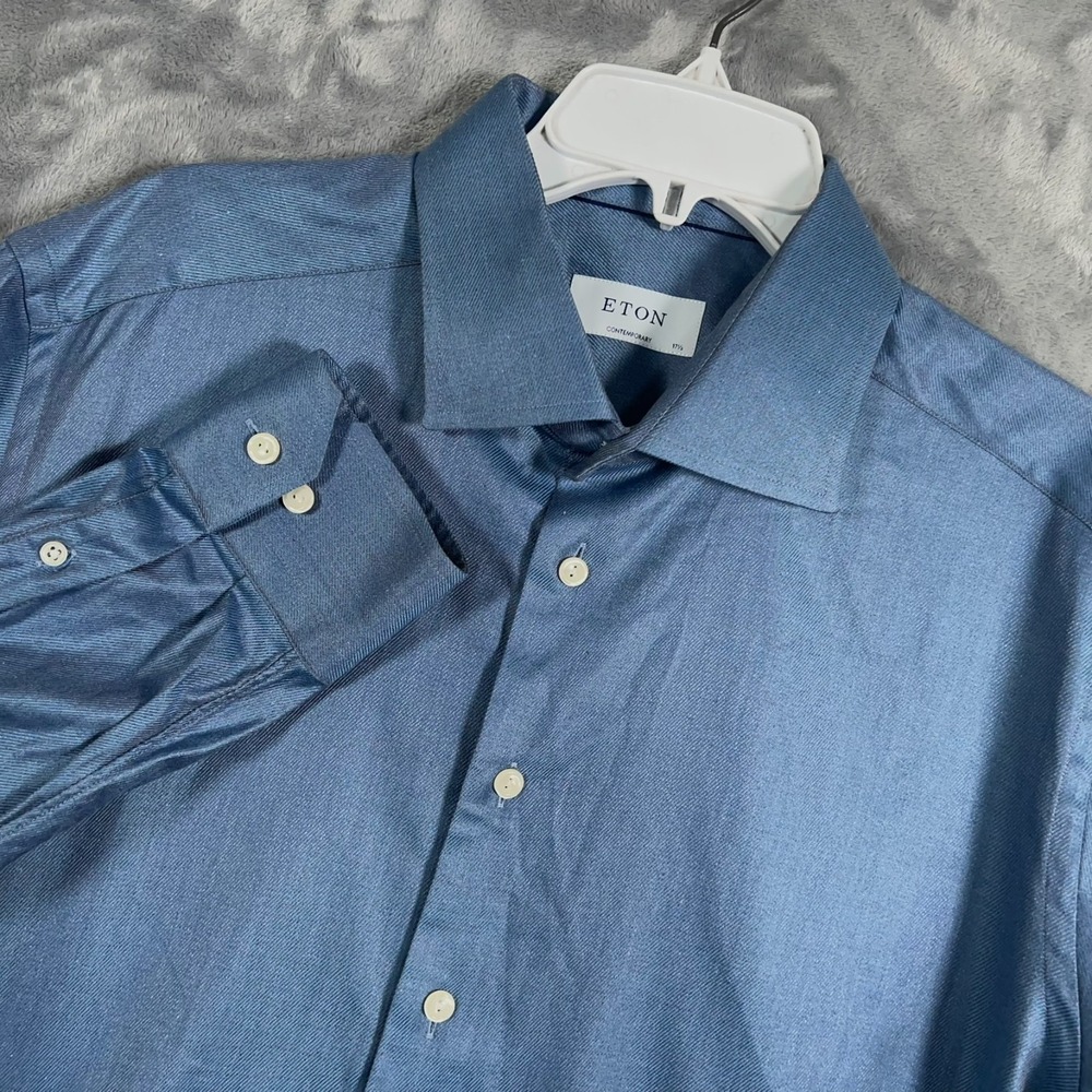 Eton Blue Dress Shirt Mens 17.5 44 Button Up Long Sleeve Contemporary Cotton